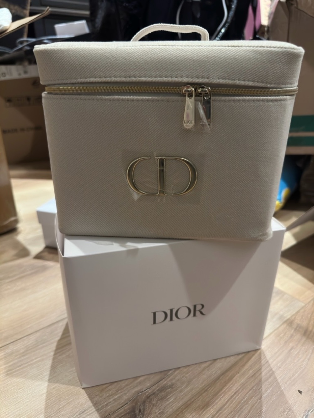 Cream Canvas Vanity Case with Gold CD Logo